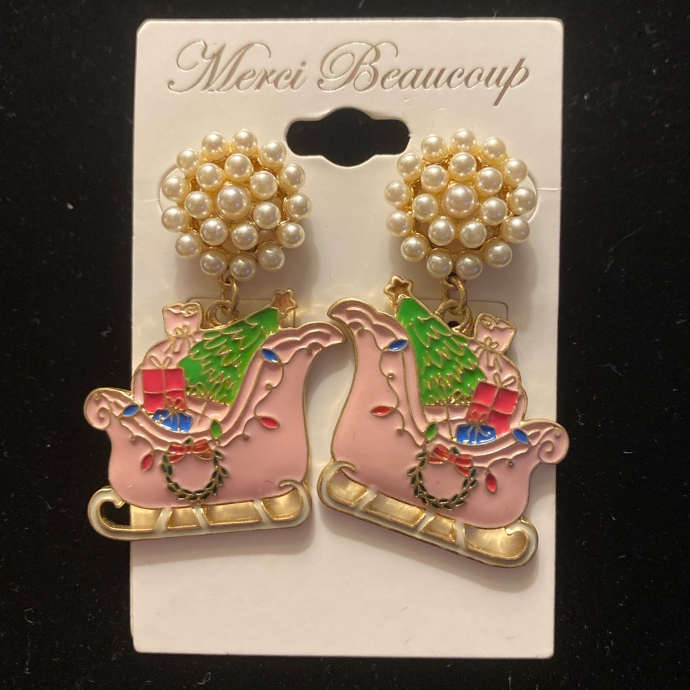 ❄️❄️ Vintage-Style Christmas Sleigh Dangle Earrings | Pearl Cluster Tops ❄️❄️